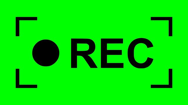 minimalist black REC recording indicator icon animation with a blinking symbol on a solid chroma key green screen background for video editing and camera interface simulation