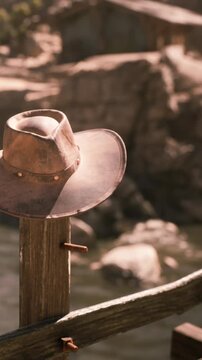 A cowboy hat is placed on a wooden post beside a rocky riverbank. The sunlight shines brightly on the hat, enhancing its texture and color. Grass and stones are visible nearby.