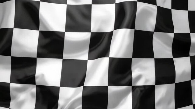 Close-up of a black and white checkered flag waving with soft fabric folds and texture, racing finish line symbol, motorsport and competition imagery.