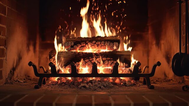 Cozy indoor fireplace with bright orange flames burning logs and warm glow