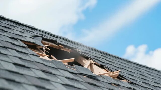 Hole in a residential roof with missing asphalt shingles and exposed wooden rafters against a blue sky, representing storm damage repair or home maintenance.