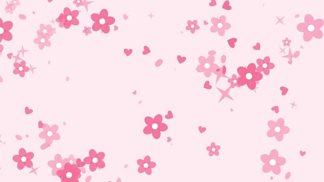 Cute Pink Sakura Flowers Background, Beautiful Flat Design Falling Cherry Blossom Petals and Small Hearts Motion Graphics Seamless Loop Backdrop for Valentine and Wedding