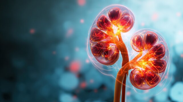 3D Medical Illustration of Kidney Failure Disease, Cross Section Human Renal Anatomy Showing Damaged Nephron, Chronic Renal Insufficiency Disorder, Uremia Pathology Diagram for Medical Education, Heal