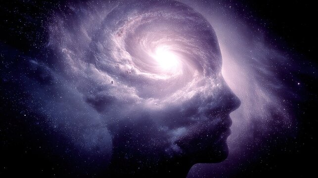 Artificial intelligence. Neuron network. A digital artwork depicts a silhouette of a human head against a cosmic backdrop. A swirling vortex of stars and nebulae dominates the scene.