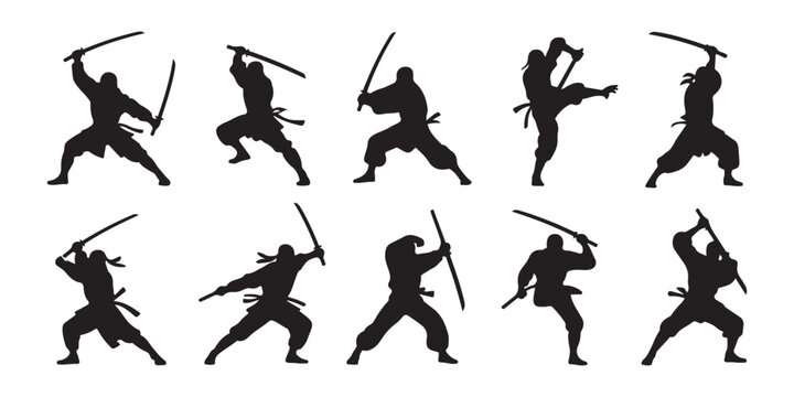Set of ninja warrior poses with swords black silhouettes collection on white background for design graphic element.