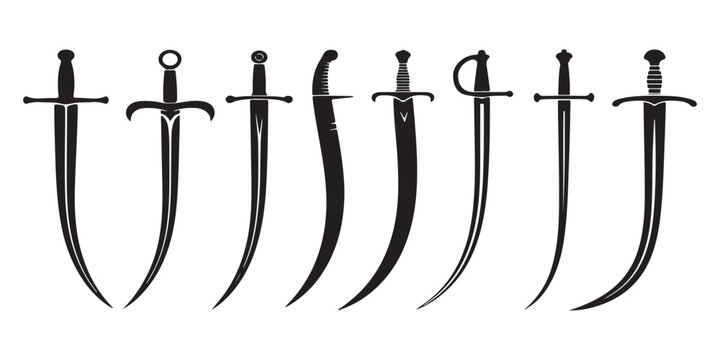 Detailed set of various sword and saber silhouettes isolated on white background for historical game asset design.