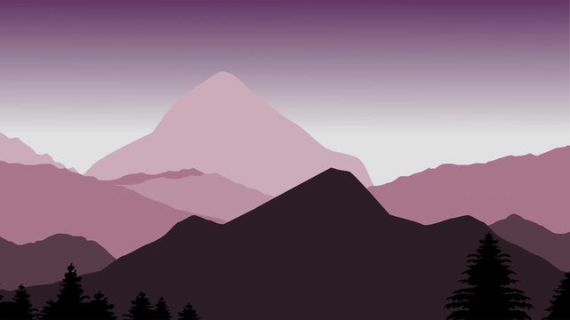 Animated Purple mountain silhouette landscape background with twilight hazy peaks, evergreen trees. 4k animation Suitable for travel blogs, nature magazines.