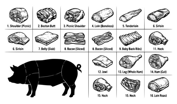 Pork Butcher Cuts Chart Vector Set with Pig Silhouette and Detailed Hand Drawn Meat Icons for Butcher Shops, Kitchens, and Restaurants