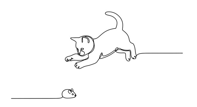 Continuous line drawing of a playful kitten chasing a mouse, minimalist art, isolated on white.