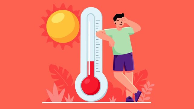 Animated heatwave concept featuring a sweating man beside a high thermometer and bright sun, symbolizing extreme summer temperatures, global warming, climate change, hot weather, and El Nino