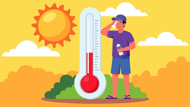 Animated heatwave concept featuring a sweating man holding a water bottle beside a high thermometer under a blazing summer sun. Ideal for climate change, extreme weather, health, and El nino