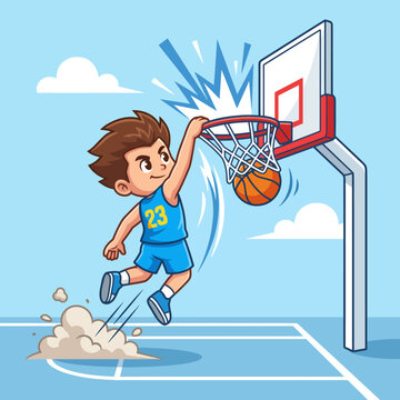 This lively illustration depicts a cartoon boy dunking a basketball into a hoop, capturing the joy of sports, playful energy, and the spirit of competition in a fun design.