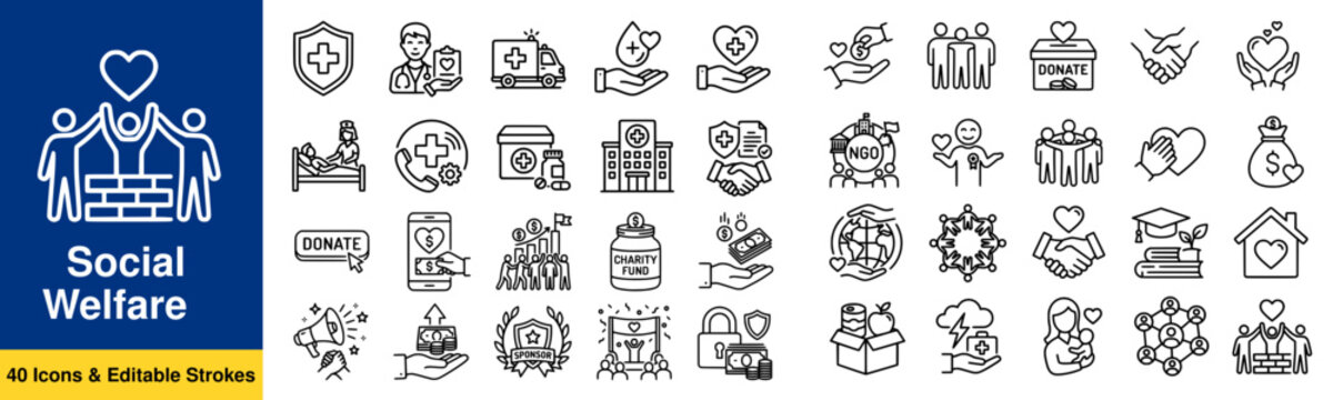 Social Welfare Web Icons in Line Style. Charity, Support, Assistance, Donation, Community Help, Healthcare, Education, Poverty Relief Collection. Editable Stroke. Vector.