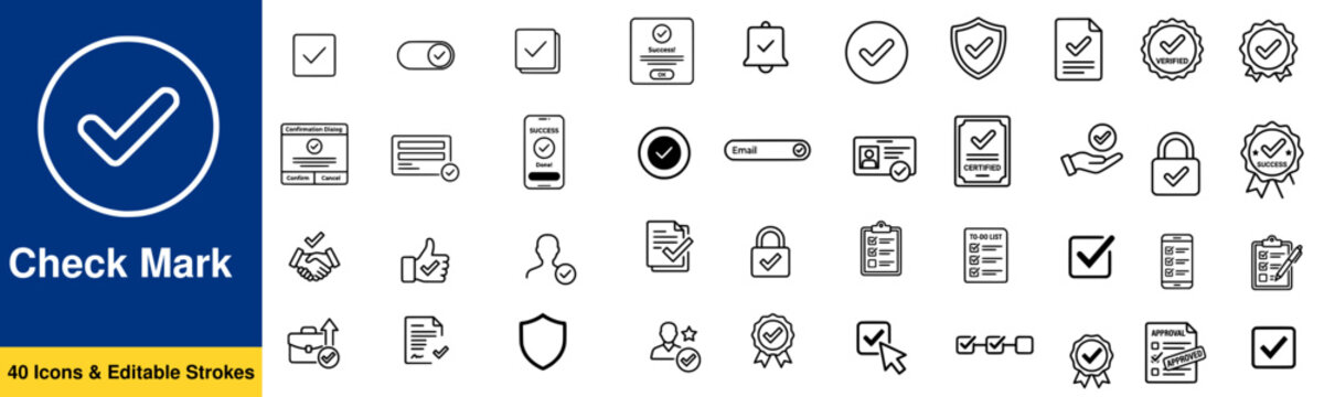 Checkmark and Approved web icon set in line style. Checklist, accepted, stamp, accept, agree, quality control, collection. Editable stroke. Vector illustration. 