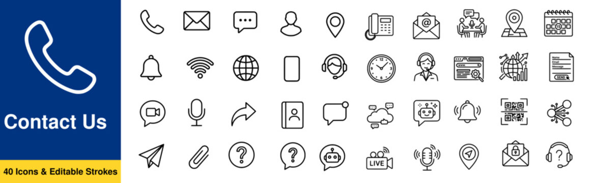 Contact Us web icons in line style. Web and mobile icon. Chat, point, chat, support, message, phone, globe, call, info collection. Editable stroke. Vector illustration.