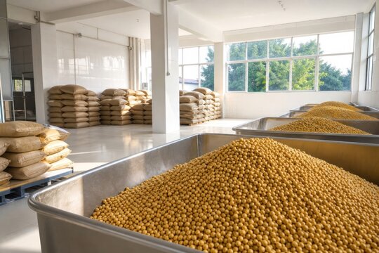Soybeans piled in stainless steel containers inside clean modern food processing factory with stacks of sacks in background under bright natural light