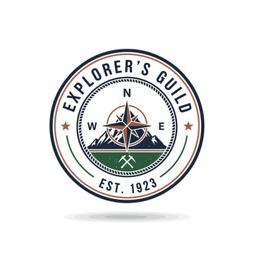 Explorers Guild Vintage Emblem with Compass and Mountains.