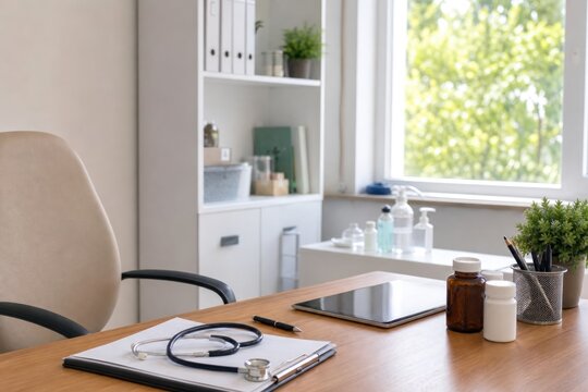 Stethoscope on clipboard with digital tablet and medicine bottles on wooden desk in bright modern doctor office with natural window light, healthcare concept