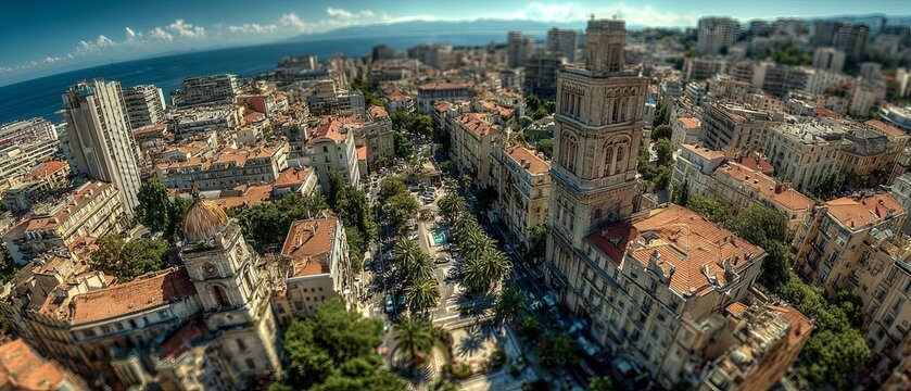 Panoramic aerial view of Monacos cityscape with buildings and greenery.