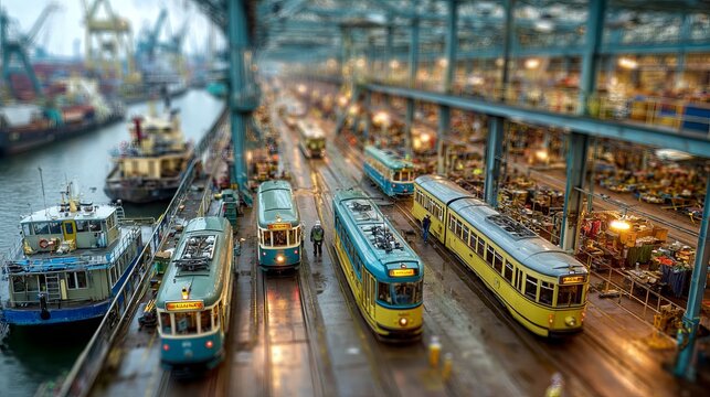 Trams lined up at a shipyard, ready for transport.