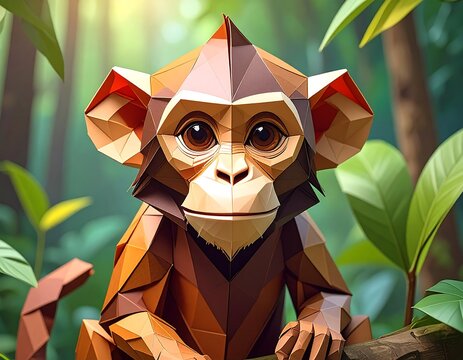 A low-poly monkey with large eyes and ears sits on a forest branch