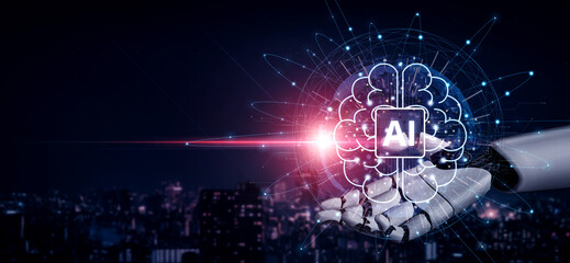 Fototapeta premium AI brain processes big data with generative AI, LLMs, and machine learning to support business decisions, prompt engineering, and future agentic artificial intelligence systems. spline