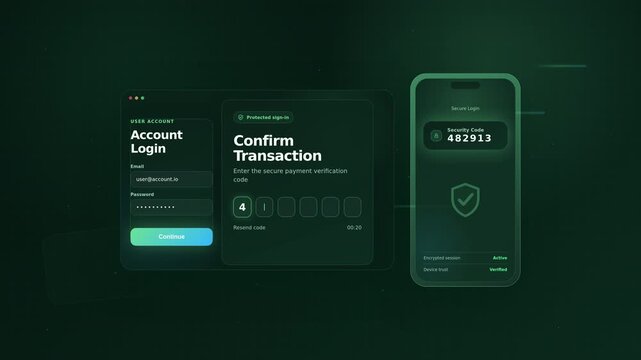 Secure payment confirmation shows one-time passcode verification between desktop login and smartphone on green fintech interface