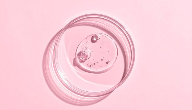 Close-up of a petri dish-like object containing a clear gel droplet, on pink surface