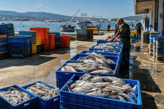 Silver fish freshly caught and piled in blue plastic crates on sunny harbor dock with industrious fishermen working near boats under clear blue sky