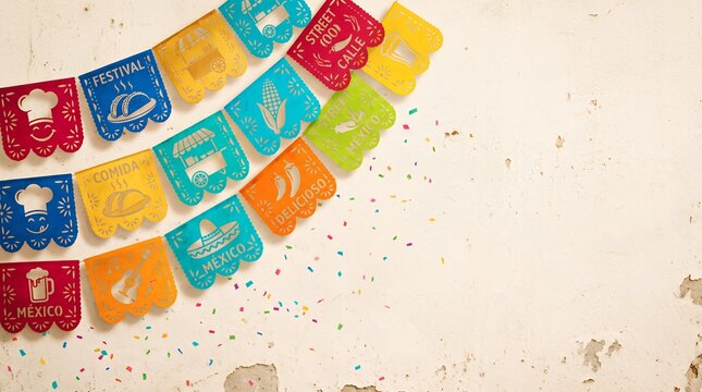 Papel picado banner party background with copy space background celebration colorful decoration invitation restaurant template negative geometric