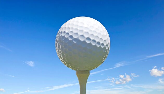 Close-up of a golf ball perched on a tee against a bright blue sky with wispy clouds