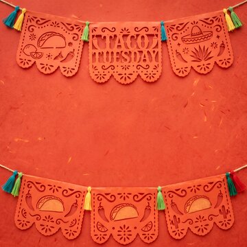 Red papel picado copy space background for taco tuesday event with background celebration colorful decoration invitation restaurant template negative
