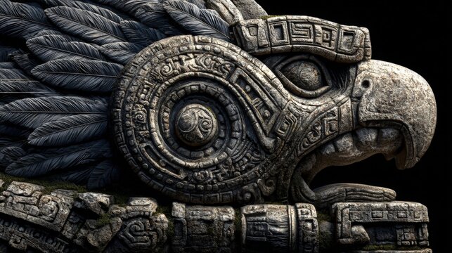 Maya Aztec civilization, Mexico culture. Mysterious, fantasy. A detailed, intricately carved stone sculpture of an eagle. The eagles head is prominently displayed, with its beak slightly open.