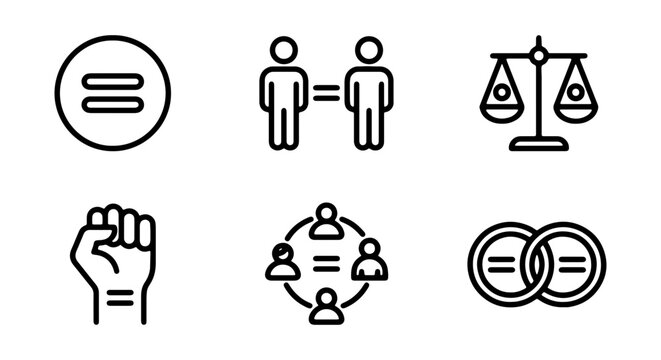 Equality and Justice Icons: Symbolizing Human Rights, Fairness, and Social Equity Concepts, Vector Set