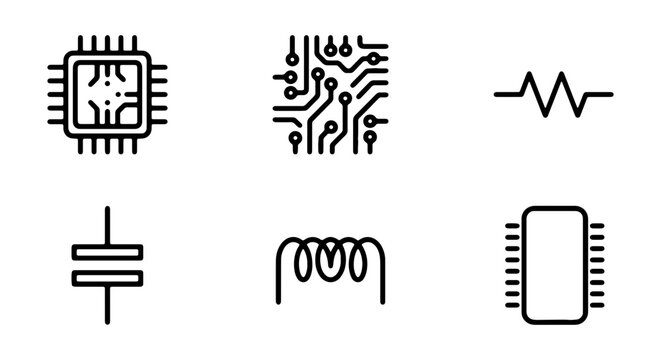 Electronic Components Icons Set, Microchip, Circuit Board, Resistor, Capacitor, Inductor, Vector Graphics for Technology and Engineering
