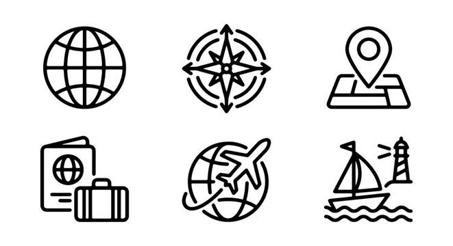 Travel Icons Set: Globe, Compass, Map Pin, Passport, Airplane, Sailboat. Vector graphics for tourism, adventure, and navigation.