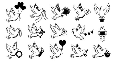 Fototapeta premium Romantic White Pigeon Love Vector Collection with Roses Balloons Rings Envelopes and Flying Birds for Wedding Valentine Greeting Cards and Printable Designs
