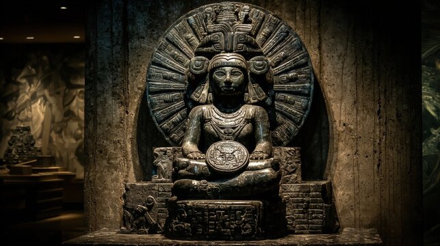 Maya Aztec civilization, Mexico culture. Mysterious, fantasy. A detailed, dark, and atmospheric photograph of an ancient artifact, likely a statue or sculpture, set against a textured wall.