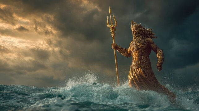 Greek mythology sea god Poseidon. Fantasy. A vivid portrayal of Poseidon, the Greek god of the sea, standing atop a wave. Poseidon is depicted in a dynamic pose, holding a trident in his right hand.