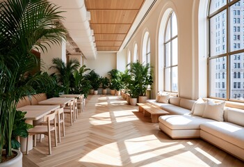 Fototapeta premium Interior of a modern cafe lounge with minimalist furniture and white sofa seating