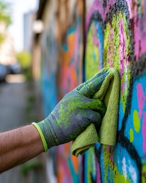 Focused image of a maintenance worker removing fresh spray paint from weathered metal sheets using green cleaning product and microfiber cloth blurred alleyway in soft natural