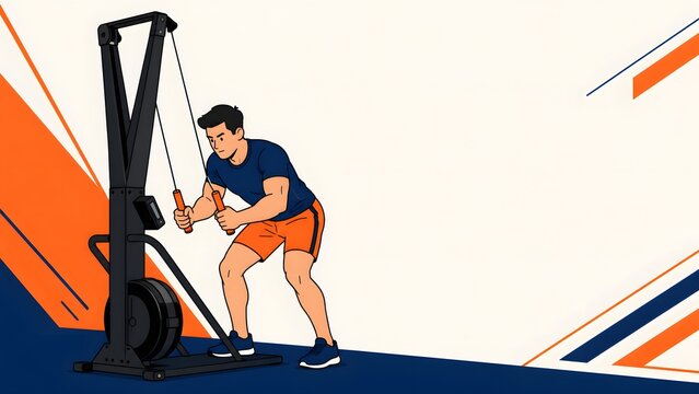 Athletic man training on ski ergometer machine during high intensity functional gym fitness workout