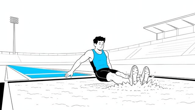 Male track and field athlete landing in sand pit during long jump event at sports stadium competition