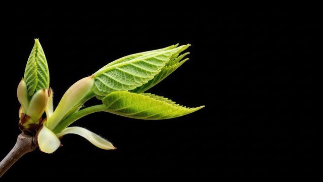 New Green Leaves Emerging from Branch on Black Background, Spring Growth