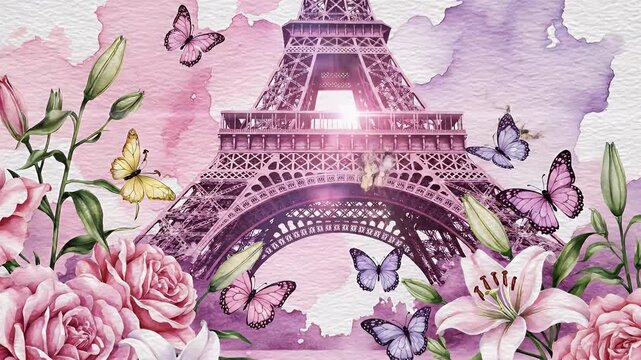 Pastel Watercolor Paris Scene Featuring Eiffel Tower Surrounded by Blooms and Butterflies