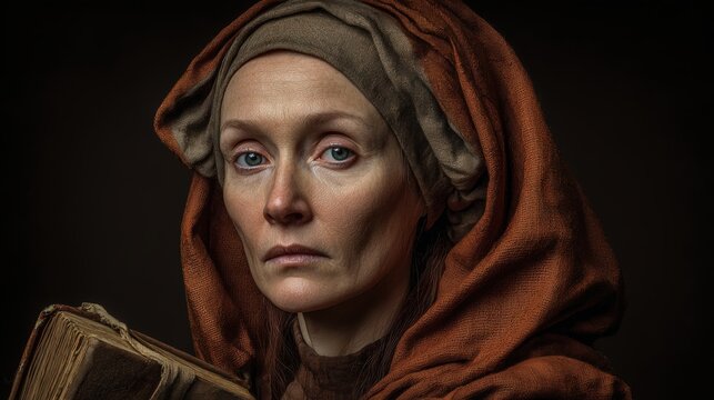 Europe medieval lifestyle. A detailed portrait of a woman, rendered in a realistic style. She wears a rustcolored headscarf and holds an old book in her left hand. The womans gaze is intense.