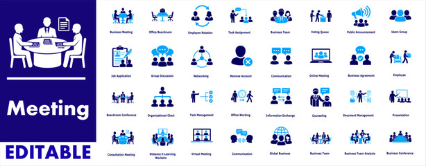 Meeting icon set. flat, vector, business meeting, boardroom conference, office workspace, online meeting, communication, teamwork and more editable flat icon. © digital business