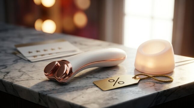 A sleek handheld microcurrent facial toning device rests on a marble vanity beside a gold discount tag, rose-gold electrode heads, and a soft LED charging cradle, with blurred rating cards featuring