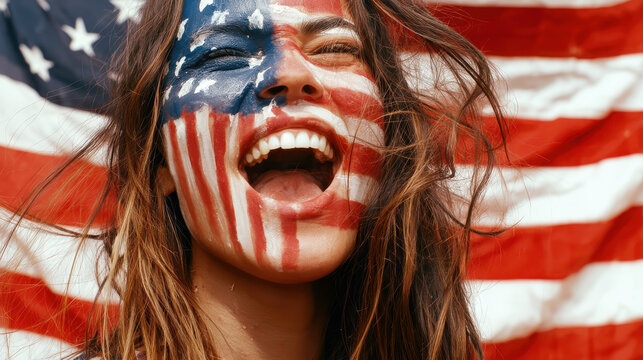 female model with patriotic usa flag face paint celebrating fourth of july independence day