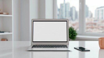Fototapeta premium Laptop with blank screen on a white computer desk in a bright minimalist workspace